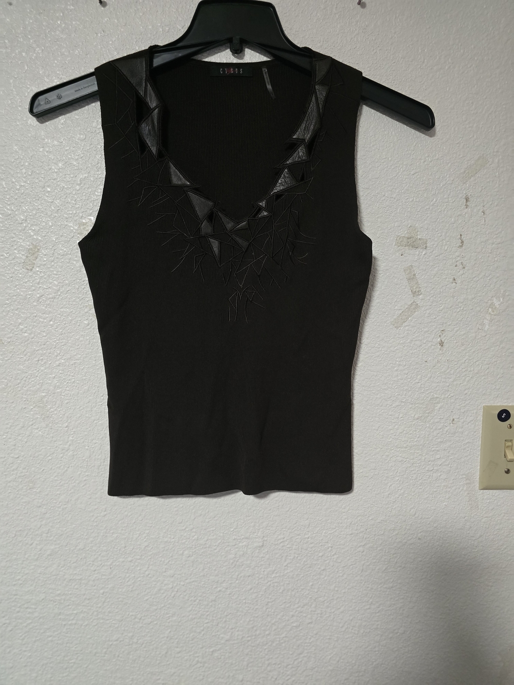 Cyrus Brown V-Neck Tank with Textured Geometric Trim